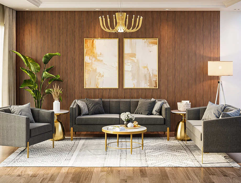 Warm living room with sofa and wood panelling
