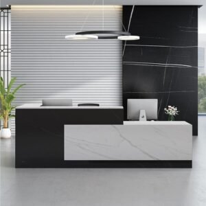 Reception Counter 8 ft – Black & White Marble-Look, Two-Level