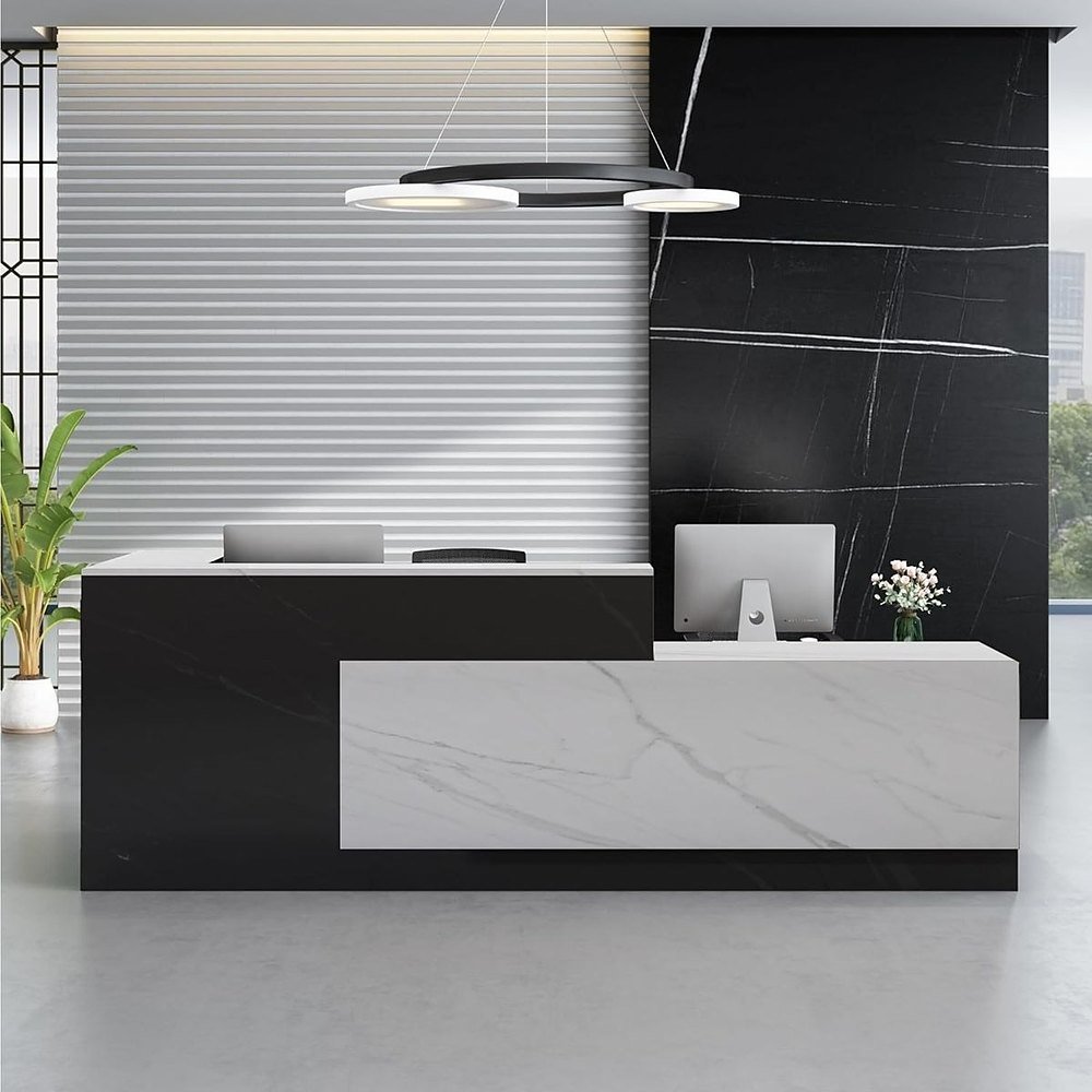 Reception Counter 8 ft – Black & White Marble-Look, Two-Level
